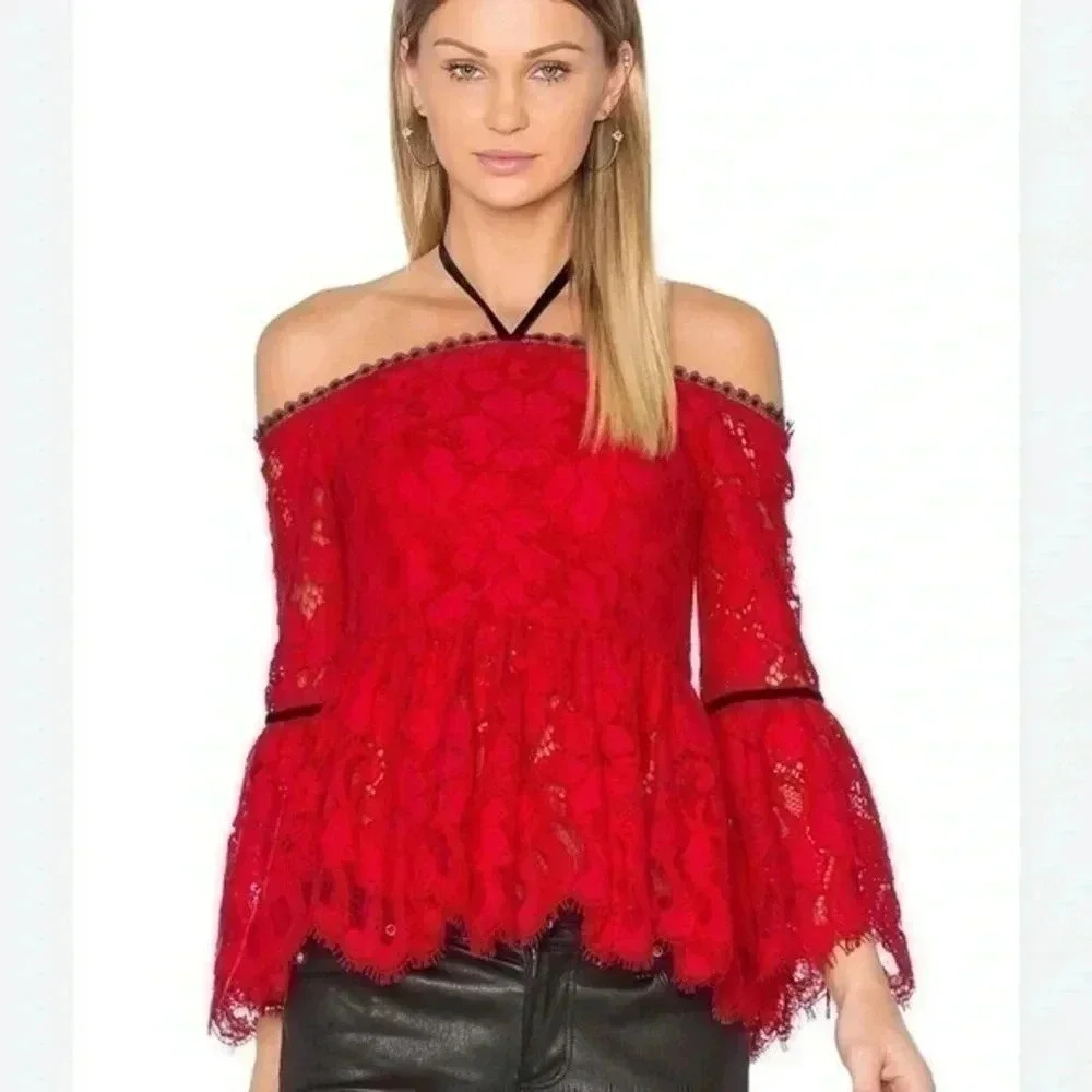 ALEXIS GRACE RED LACE OFF SHOULDER RUFFLE BLOUSE TOP XS